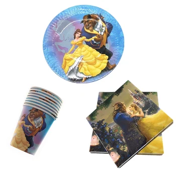 

60PCS Beauty Beast Theme Paper Plates Cups Birthday Party Decoration Happy Baby Shower Girls Favors for 30 People Tableware Set