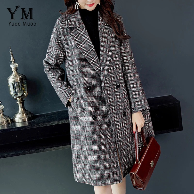 

YuooMuoo Women Autumn Plaid Pockets Office Work Long Coats Female Vintage Elegant Loose Double Breasted Woolen Winter Jackets