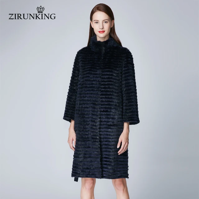 ZIRUNKING, длинная стильная модная женская шуба из натурального меха, большой размер, меховая шуба из меха кролика в полоску, модная Высококачественная шуба ZC1849 1