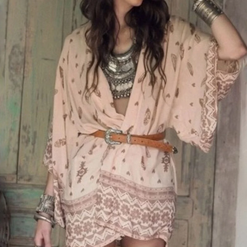 Boho богемный перо печати Летняя Пляжная одежда кимоно для женщин купальник Свободные Досуг Cover Up плюс размеры прикрытие для бикини Sarong Plage - Цвет: PK