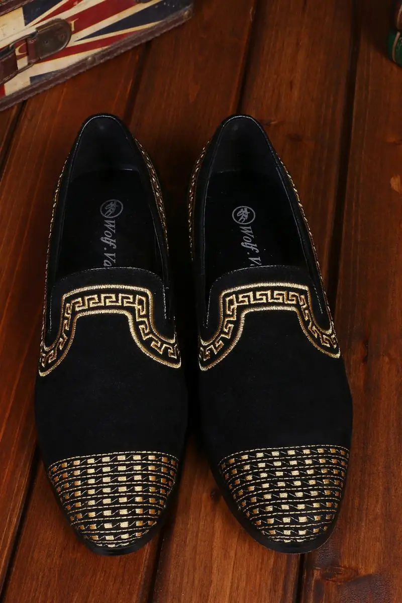 Новые модные черные из нубука на плоской подошве Chaussure Homme Gold Toe вышивка эспадрильи без шнуровки мужская обувь - Цвет: black