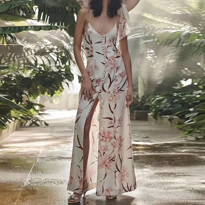 

Ziwwshaoyu Sexy backless dresses V-Neck Print Button Beach Vacation Long dress Spring and summer new women's