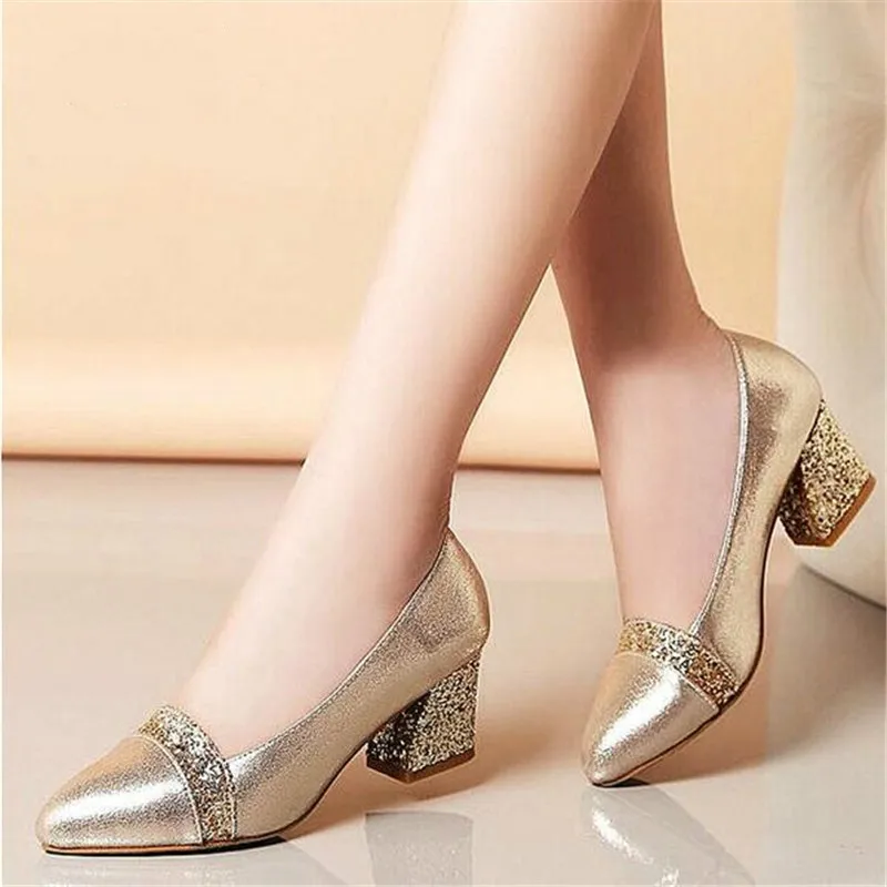

Dropshipping 2018 Women Pumps Sweet Style Square High Heel Sequins Pointed Toe Spring and Autumn Elegant Shallow Ladies Shoes
