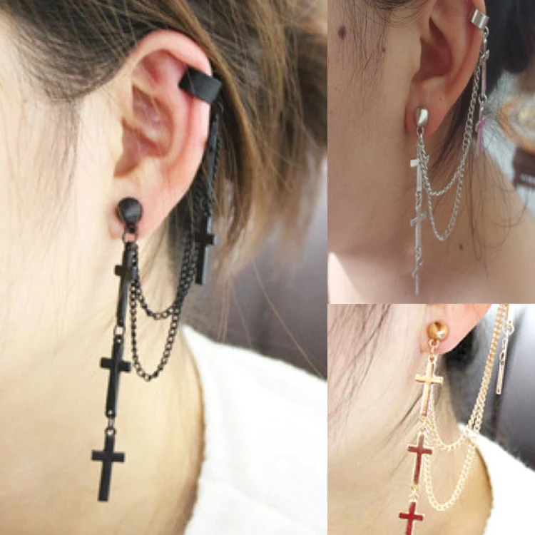 

1Pc Cross Tassel Chains Ear Cuff Gothic Punk Style Women Girls Clip Stud Earring Fashion Jewelry