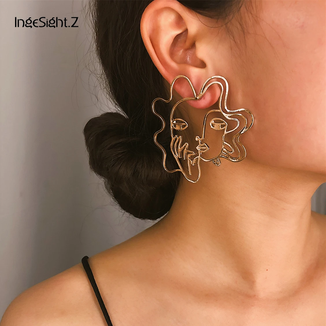 

IngeSight.Z Retro Exaggerated Geometric Abstract Hollow Out Art Human Face Stud Earrings Statement Earrings for Women Jewelry