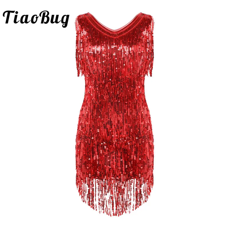 Cena TiaoBug kobiety panie V Neck bez rękawów lśniące cekiny frędzle Fringe Ballroom Samba Tango etap Latin Dance Dress kostium wrony
