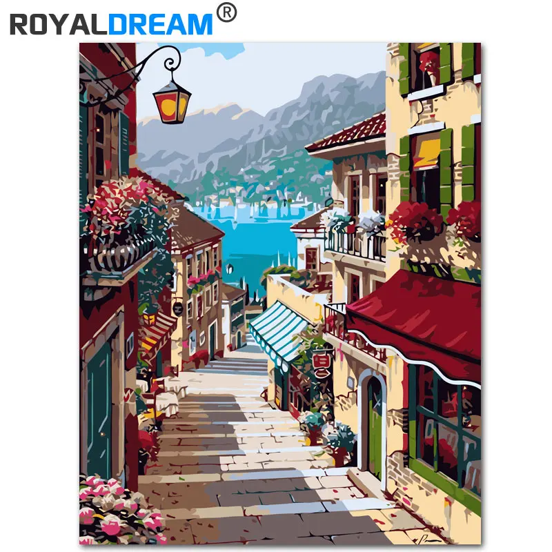 

ROYALDREAM Seaside Street View Landscape DIY Painting By Numbers Kit Paint On Canvas Painting Calligraphy For Home Decor
