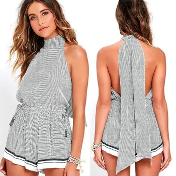 

2017 Printing Plover Lattice Halter Long Bandage Sleeveless Pants Woman