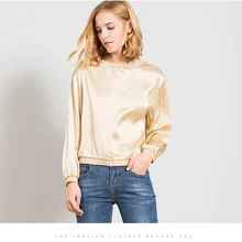 Атмосферная мода, темперамент, цвет шампанского, золотой, Высококачественный шелк, подходит ко всему, тонкая футболка, женский свитер с длинными рукавами