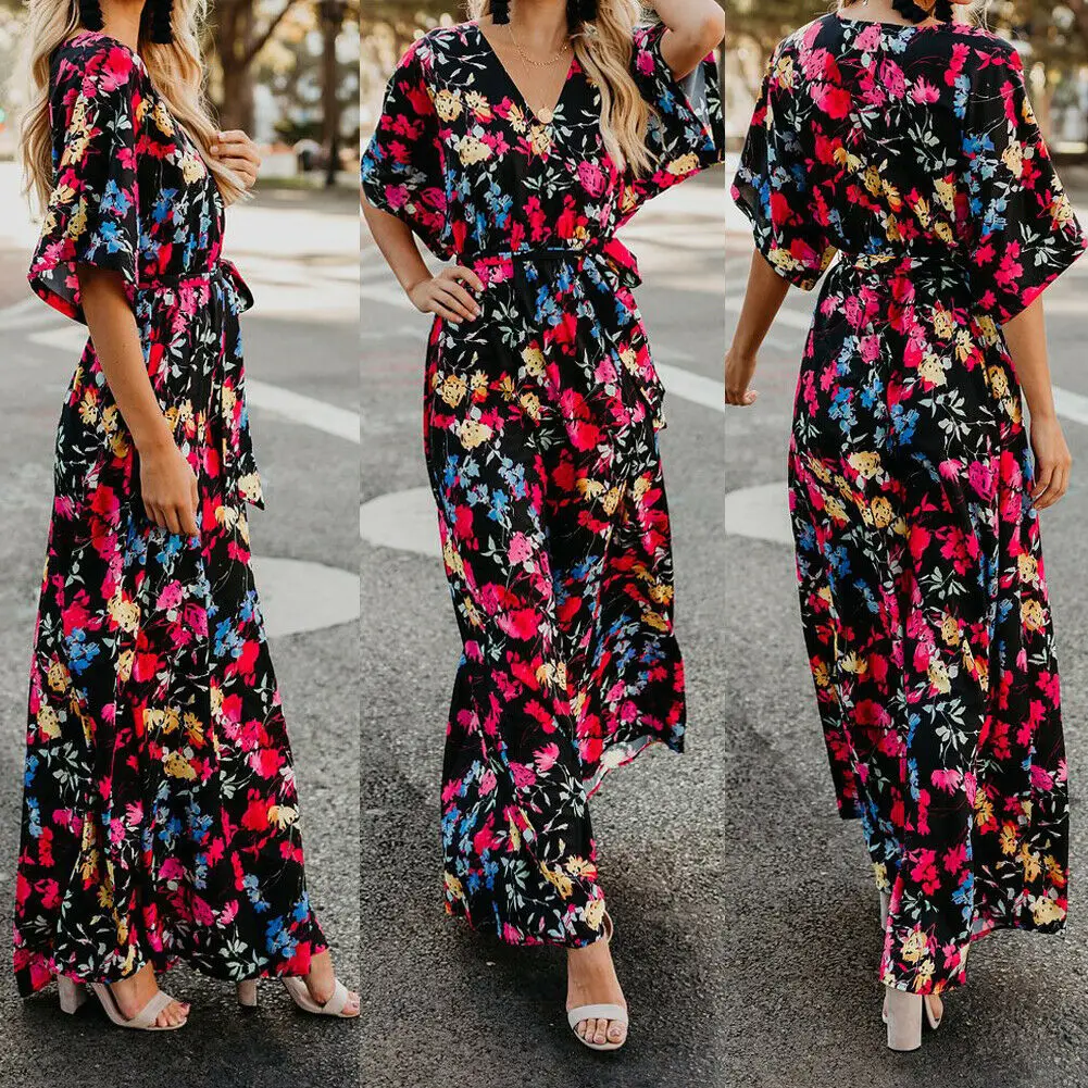 

Women Floral Print Short Sleeve V-Neck Dress Ladies Boho Long Maxi Summer Evening Party Loose Casual Dress