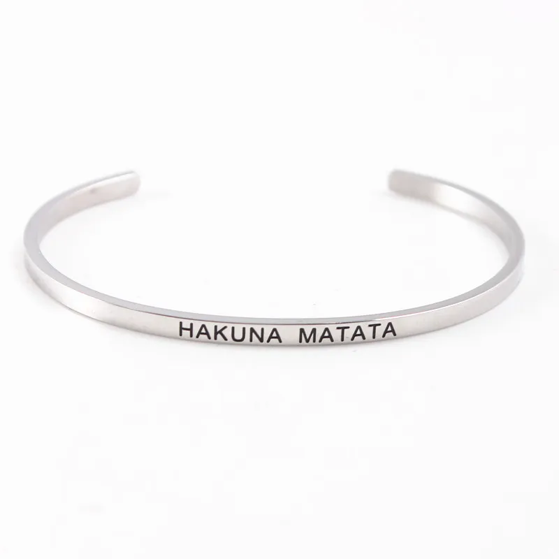 

New 3.2mm Stainless Steel Bar Bangle Engraved HAKUNA MATATA Inspirational Quote Hand imprint Cuff Mantra Bracelet For Women
