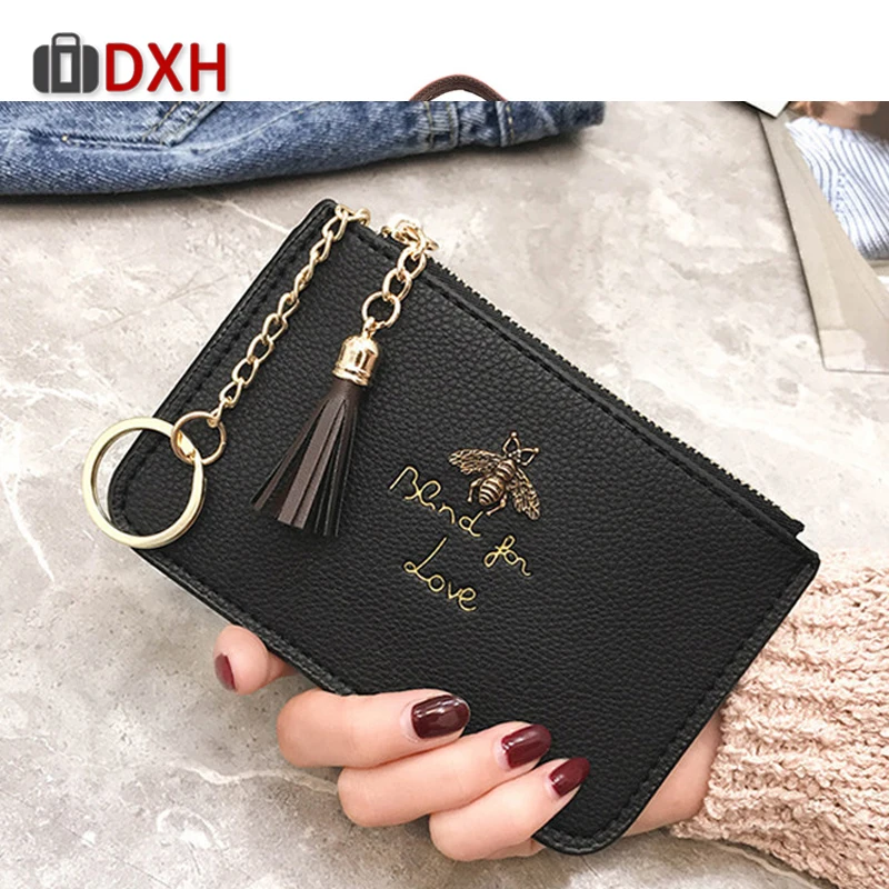 

2019 New DXH lychee Bee pattern Short Women Wallet Leather Zipper Coin Purse Small PU Solid Clutch Card Holder Casual Pouch