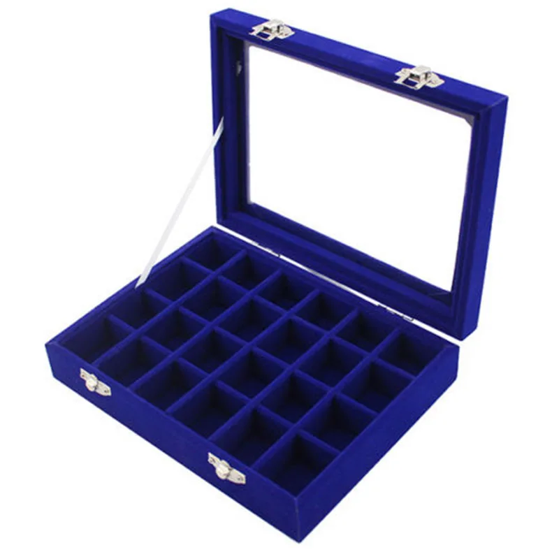 24cells Velvet Glass Jewelry Box Earring Ring Display Organizer Boxes Tray Holder Storage Case Balck Rose Red Blue Gray Coffee (6)