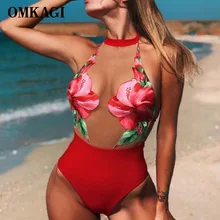 Бренд OMKAGI, женские боди, сдельный купальник, сексуальный красный цветочный женский купальник, купальный костюм, боди, купальники