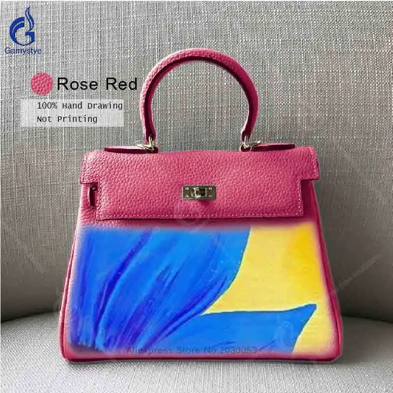 

Real Cowskin Leather Women Messenger Bag Famous Brand Designer Bag Top Handle Hand Drawing Graffiti Blue Flower Customize Gift