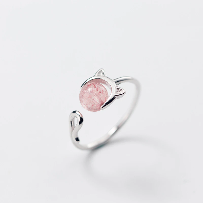 

NBSAMENG 100% 925 Sterling Silver Fashion Cat Strawberry Crystal Opening Ring Sizable For Women Gift Party Engagement Jewelry