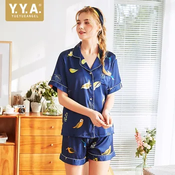 

Summer Womens High Quality Lovely Print Pajamas Sets Faux Silk Sigle Breasted Comfort Satin Shorts Gecelik Nightshirt Suits