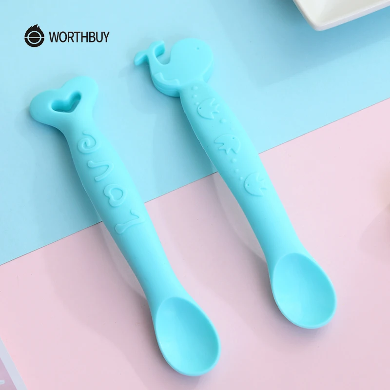 WORTHBUY 2 шт./компл. мультфильм детская ложка комплект Еда Класс силиконовая ложка для кормления для детей Детские Еда ложки, кухонные принадлежности
