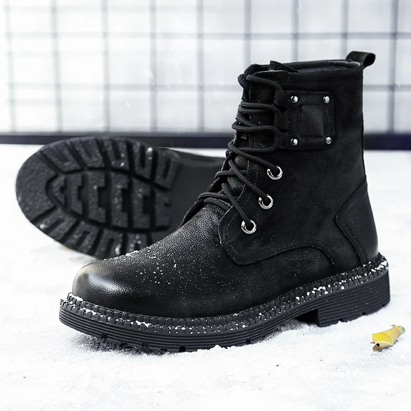 

men Motorcycle Boots outdoor Men Lace-Up Winter with fur Warm Plush Comfort Footwear genuine Leather fashion Mens snow Boots j3
