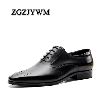 

ZGZJYWM Men Genuine Leather Black/Red Lace-Up Solid Dress Pointed Toe Italian Wedding Men Formal Oxford Shoes