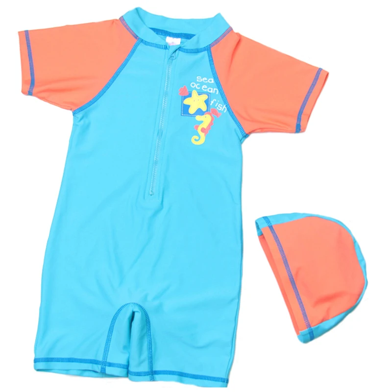 

New Models Kid 1-12 year old Girls Rash Guards One Piece Swimsuit Orange & Blue Swimwear Swimming Cap summer wear