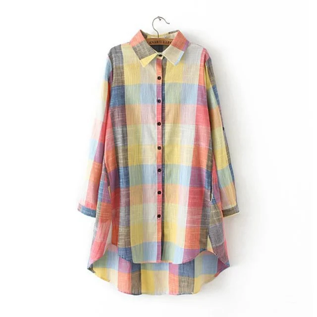Women Cotton and Linen Blouses Plus Size Long Sleeve Shirt Casual Plaid Long Blouse 3XL KKFY2263oil MULTI