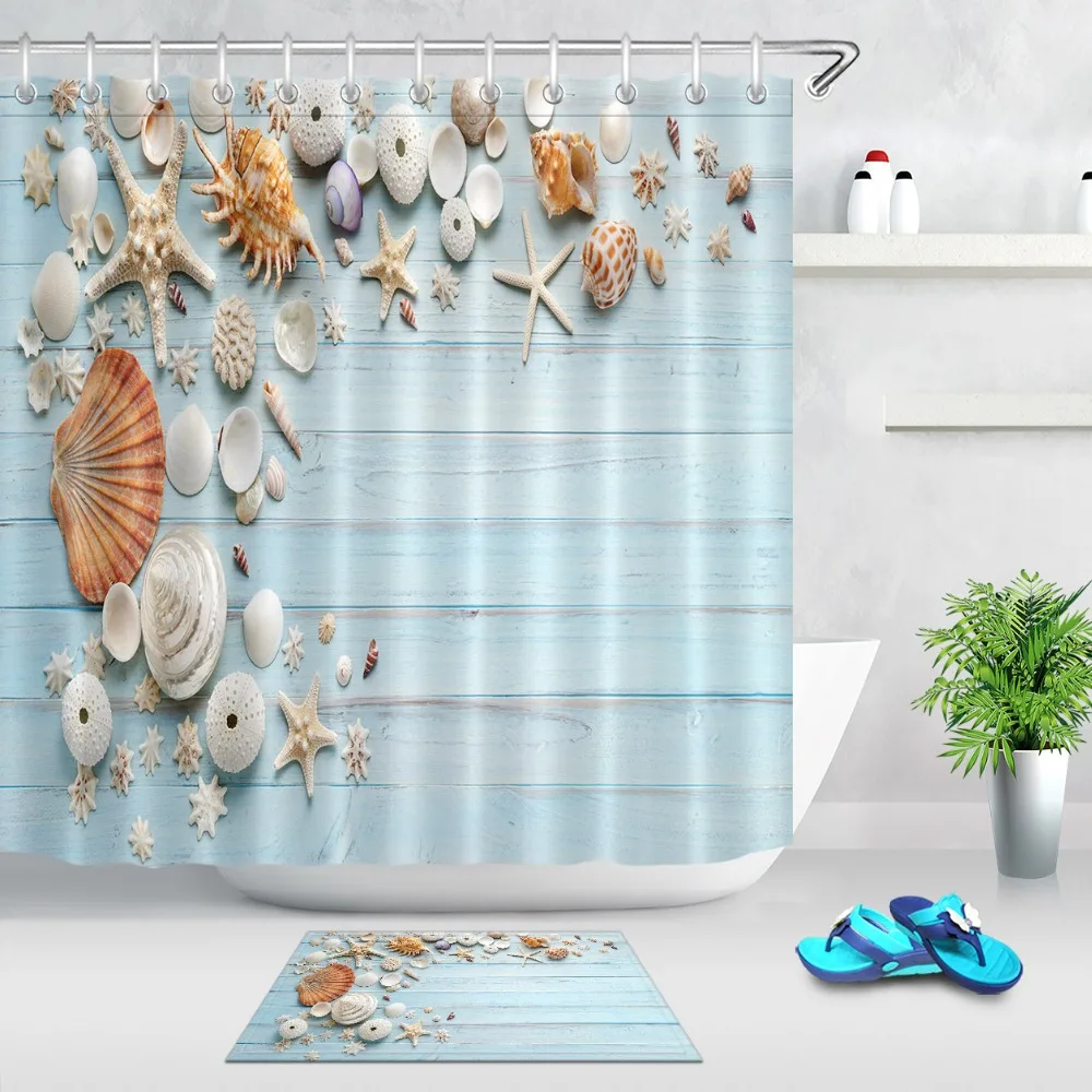 

LB Starfish Shell Rustic Wooden Board Extra Long Shower Curtain with Mat Set Bathroom Waterproof Fabric For Art Bathtub Decor
