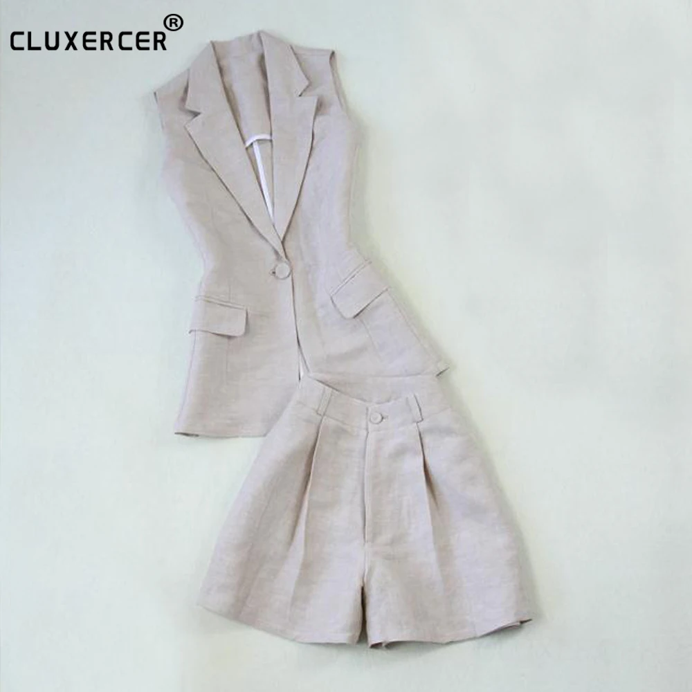 Комплект из двух предметов: жилет и шорты синего цвета хаки 2019|women set|women business setlinen