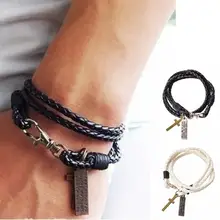 

Vintage Fashion Style Latest Popular 3 Laps Braided Leather Bracelet Male Black Retro Punk Cross Charm Bracelet For Men