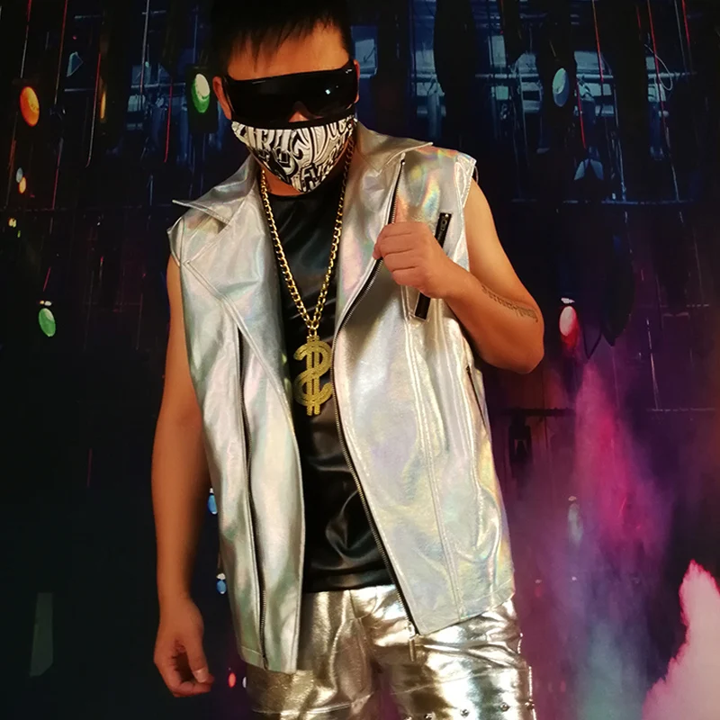 

Men Fashion Hip Hop Cool Silver Vest Coat Stage Party Costume Custom Made Male Streetwear Sleeveless Motorcycle Jacket