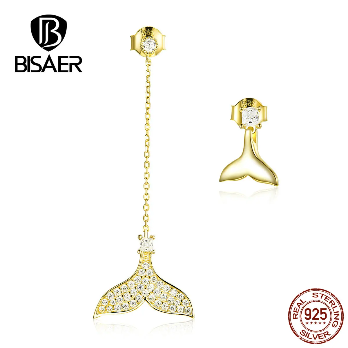 BISAER, серьги русалки, 925 пробы, серебро, циркон, золотой цвет, хвост русалки, цепочка, серьги-гвоздики для женщин, серебряные ювелирные изделия EFE164