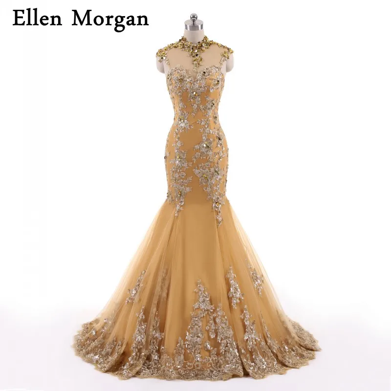 

Muslim Gold Long Mermaid Evening Dresses For Women Wear with High Neck Appliques Lace Morocco Caftan Dubai Kaftan Formal Gowns