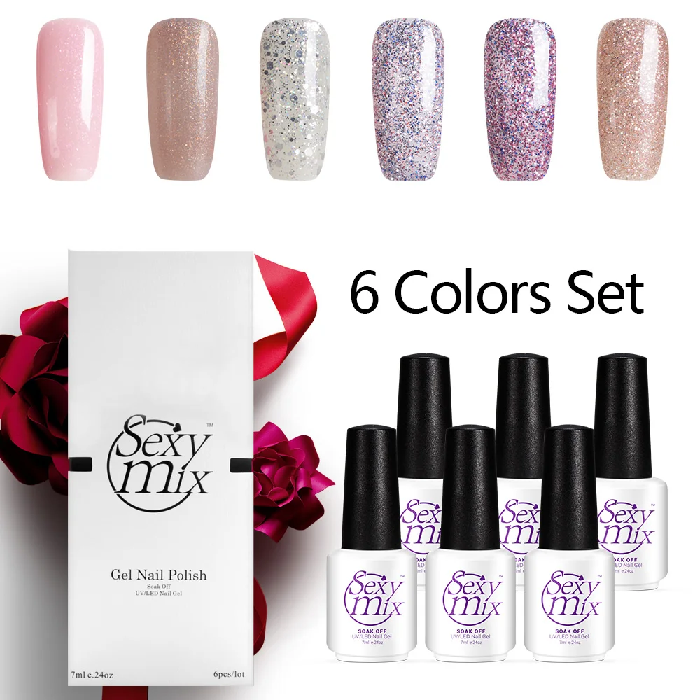 

Sexymix 6Pcs/Lot Nail Gel Polish Nail Art Hybrid Nail Lacquer Long Lasting Led Nail Glitter Series Gel With Box As Gift