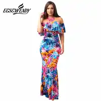 Mode Ruches Vrouwen Sexy Jurken Zomer Casual Korte Mouw Slash Hals Gedrukt Maxi Lange Jurk Bohemian Party Dress Vestidos