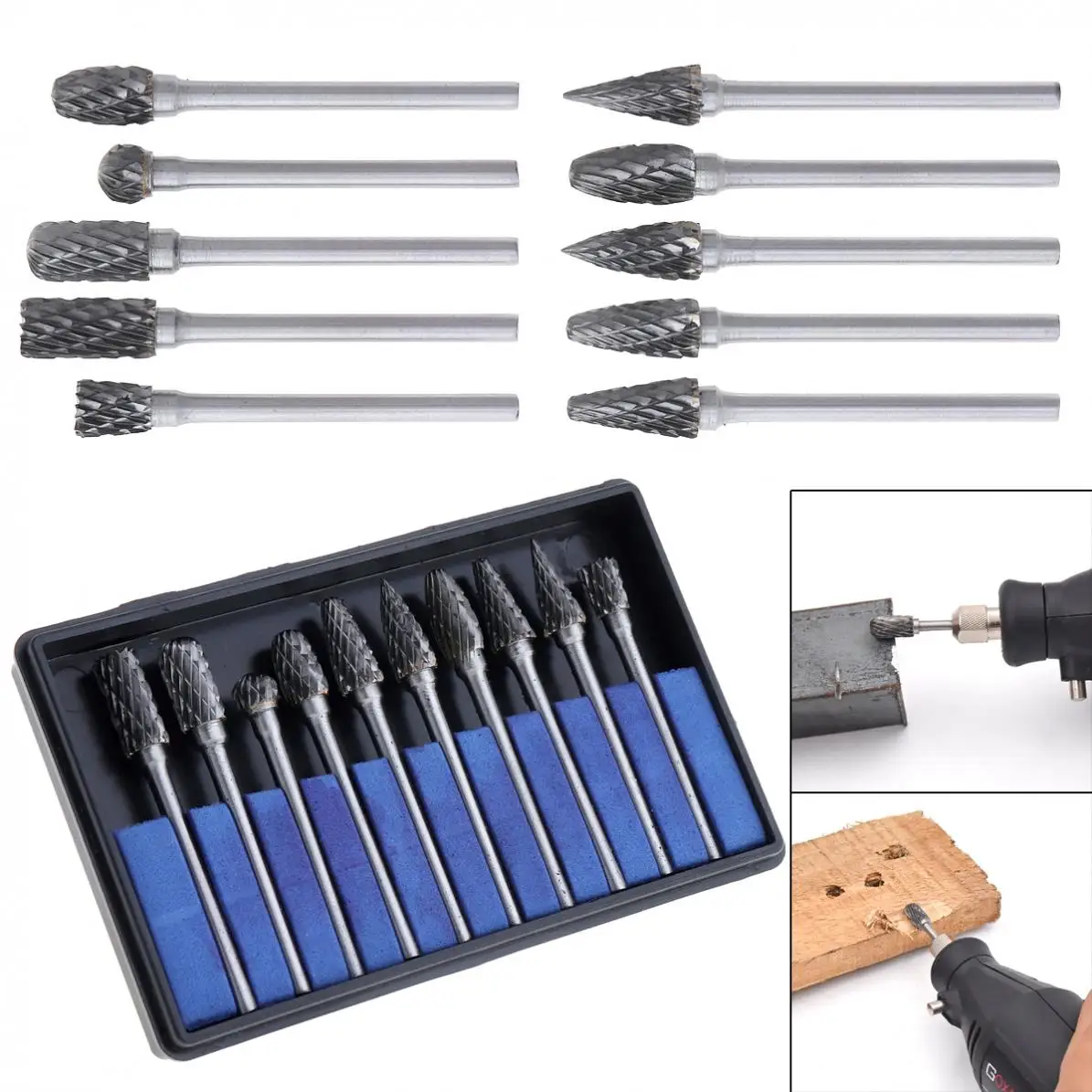 TORO 10pcs 3 x 6mm Carbide Rotary File Tungsten with Plastic Box for Polished / Carved / Polishing