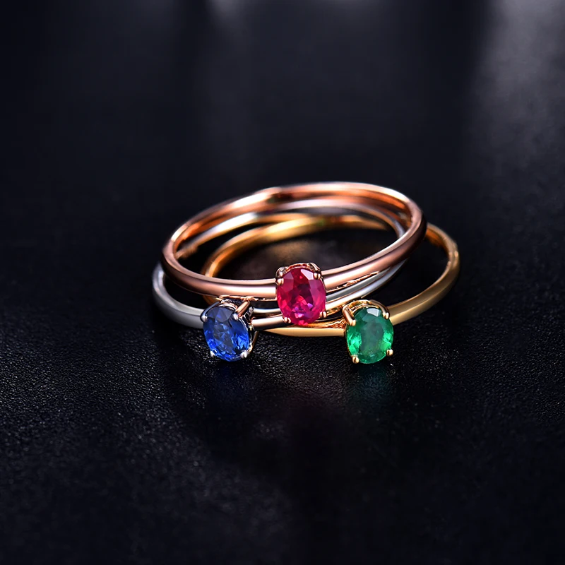 Natural Green Emerald Red Ruby Blue Sapphire Ring Good Gem 18K White Gold Wedding Jewelry Simple Design Daughter Birthday Gift