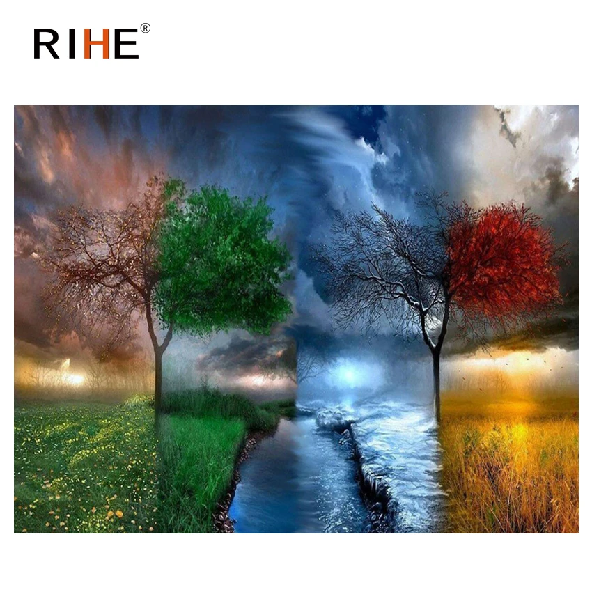 

RIHE Weather Change Diy Painting By Numbers Farm Tree Oil Painting On Canvas Hand Painted Cuadros Decoracion Acrylic Paint Art