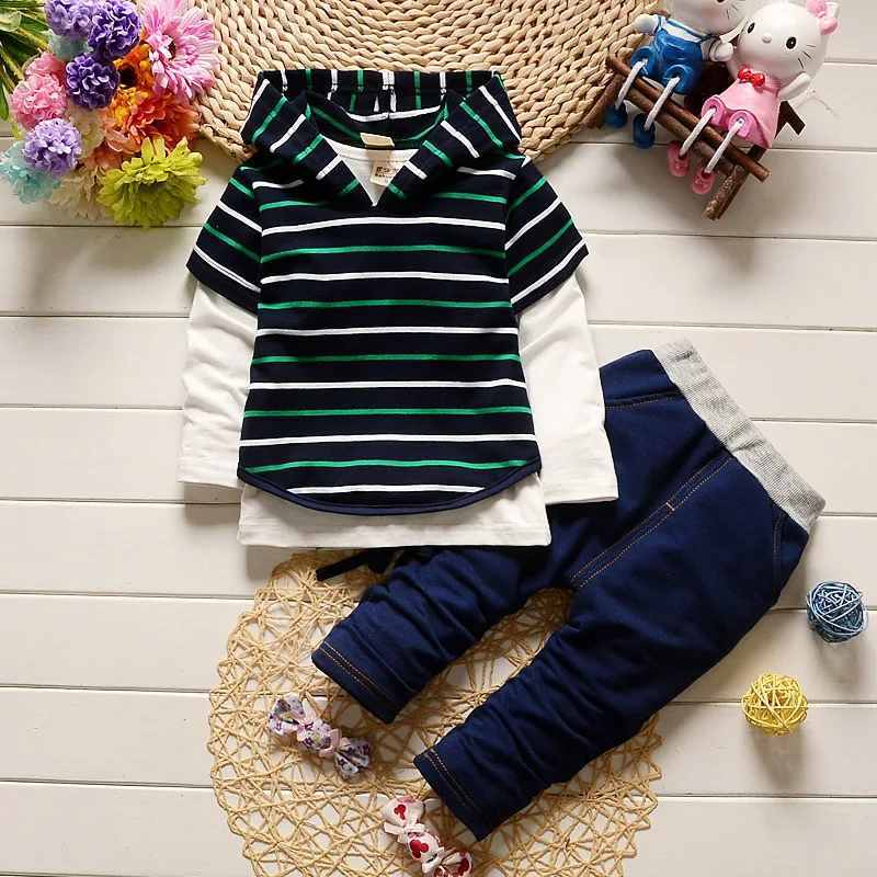 BibiCola Spring Autumn Infant Boys Clothes Set 3pcs Long Sleeve Shirt +Vest+pants Striped