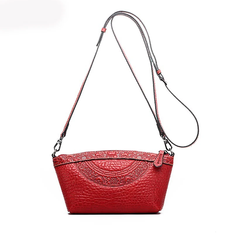 

100% Genuine Leather Women Clutch Bag Cross Body Wrist Purse Chinese Style Luxury Embossed Handy Messenger Shoulder Hobo Bags