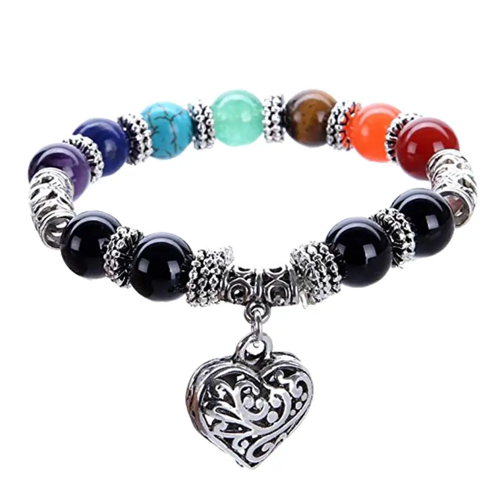 Vintage 7 Chakra Balance Stone Beaded Bracelet Women Heart Charm Bangle Gift | Украшения и аксессуары