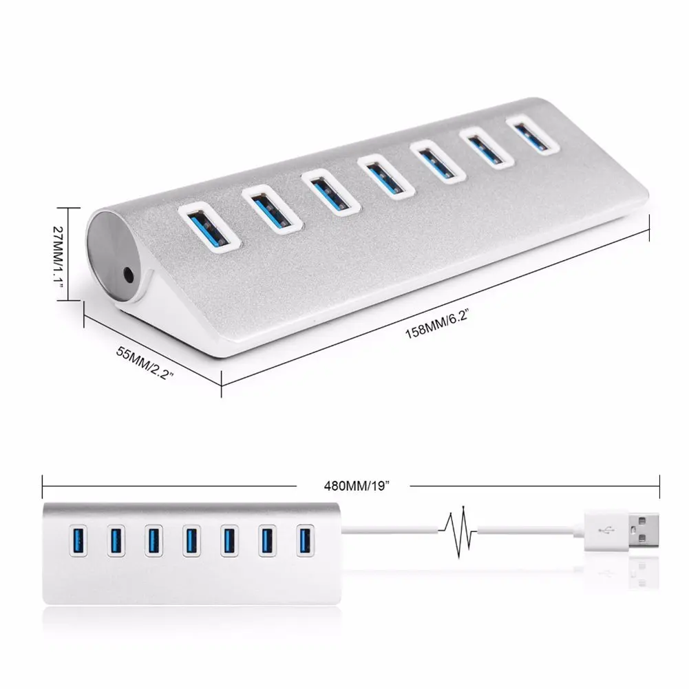 Горячая Распродажа USB 3,0 концентратор 7-Порты и разъёмы Портативный Алюминий для передачи информации и зарядки устройства концентратор 3 футов USB 3,0 кабель(серебро