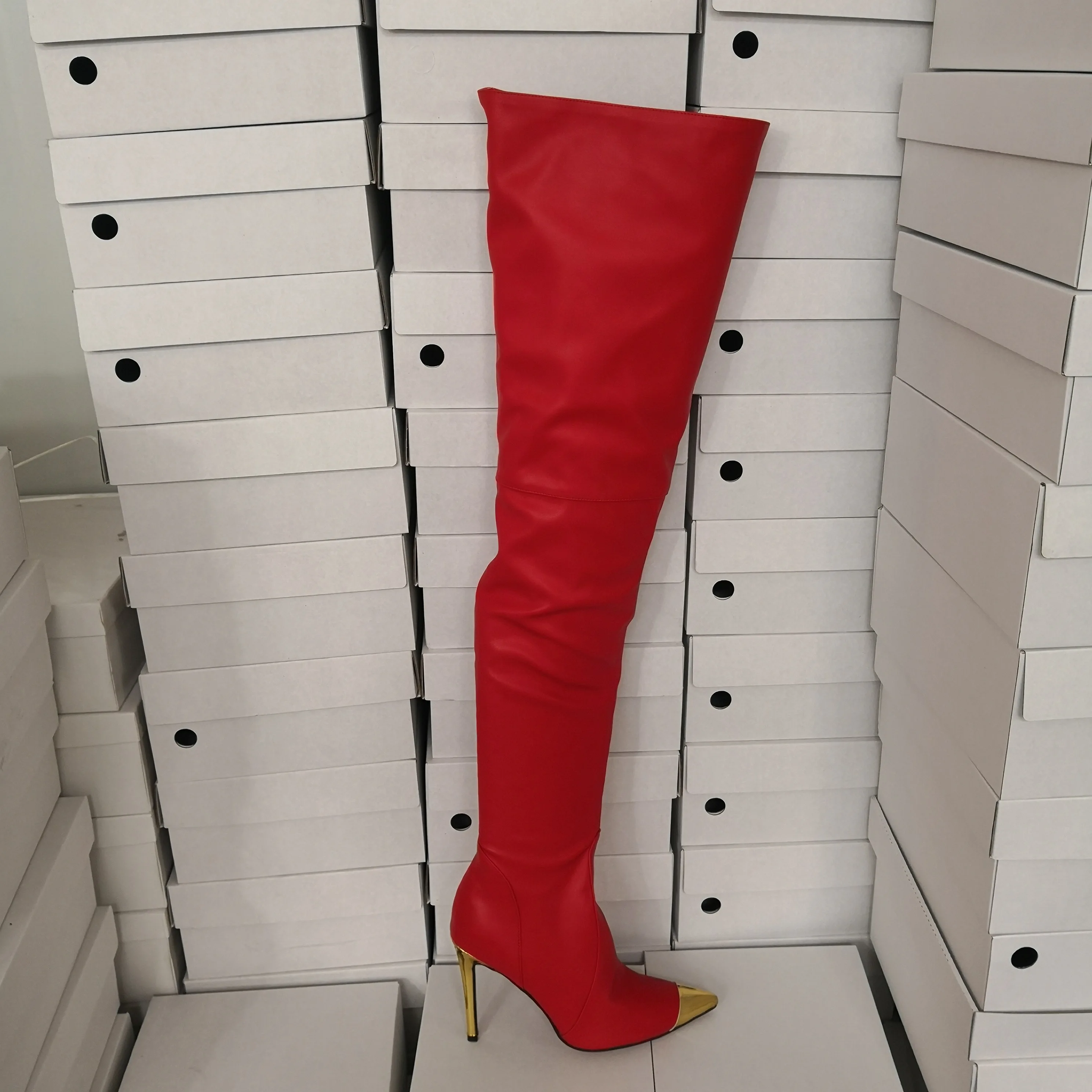 LAIGZEM NEW Women Thigh High Boots Gold Pointy Toe Stiletto Heels Zipper Tall High Boots Party Show Botines Mujer Big Size 4-14 (5)