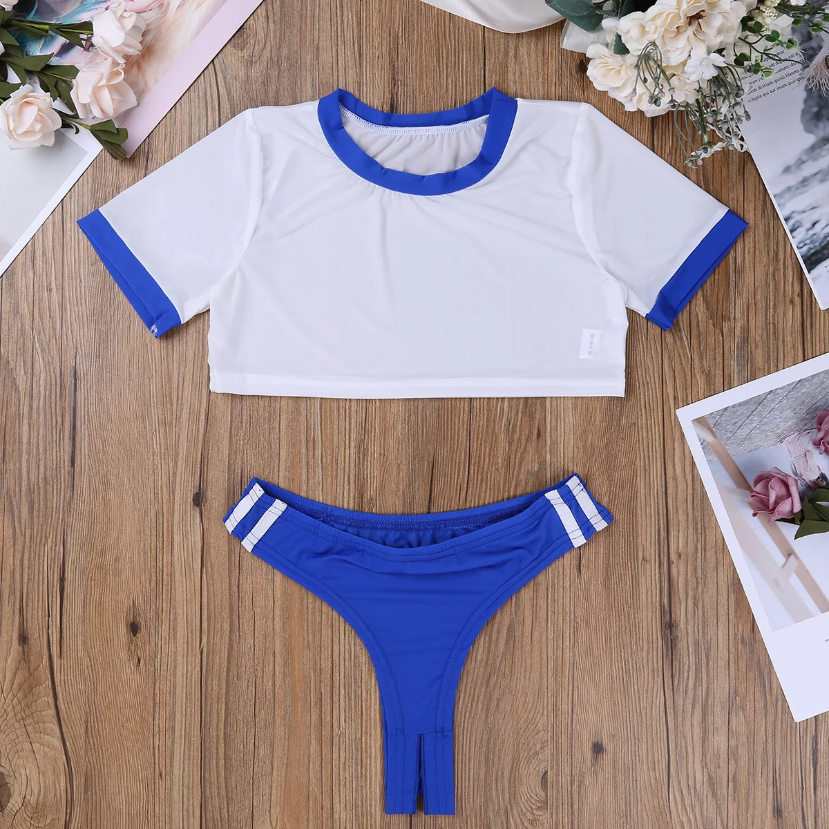 2PCS Sexy Costumes School Girls Cosplay Open Crotch Thong Halloween Women Lingerie Sexy Cosplay Sheer Crop Top Briefs Underwear