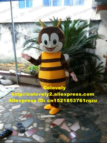 Cheerful Brown Bee Honeybee Wasp Hornet Mascot Costume Cartoon Character Mascotte Orange Shoes Smiling Face White Wings ZZ1175 |