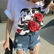 Новые летние женские футболки, хлопковые свободные топы с короткими рукавами и вышивкой в виде белой розы, женские футболки с круглым вырезом для студентов