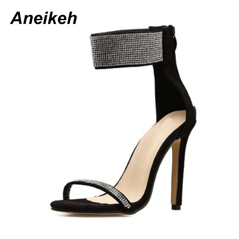Aneikeh 2018 صندل الصيف جديد المرأة بلينغ بلينغ الترتر كريستال المفتوحة تو زيبر عودة الأسود البيج الزفاف حزب الصنادل أحذية