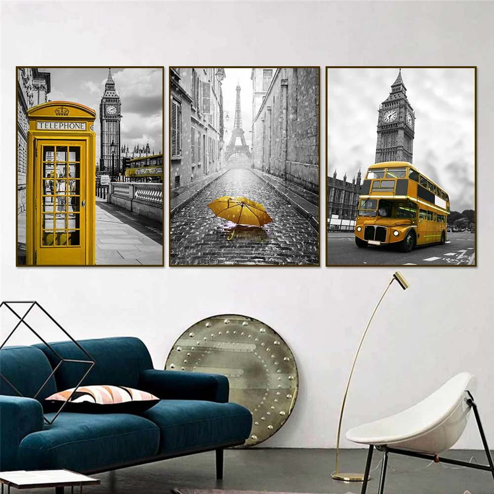 Скандинавские плакаты и принты желтые телефонные будки автобус черно-белые настенные художественные лондонские пары настенные картины для украшения гостиной