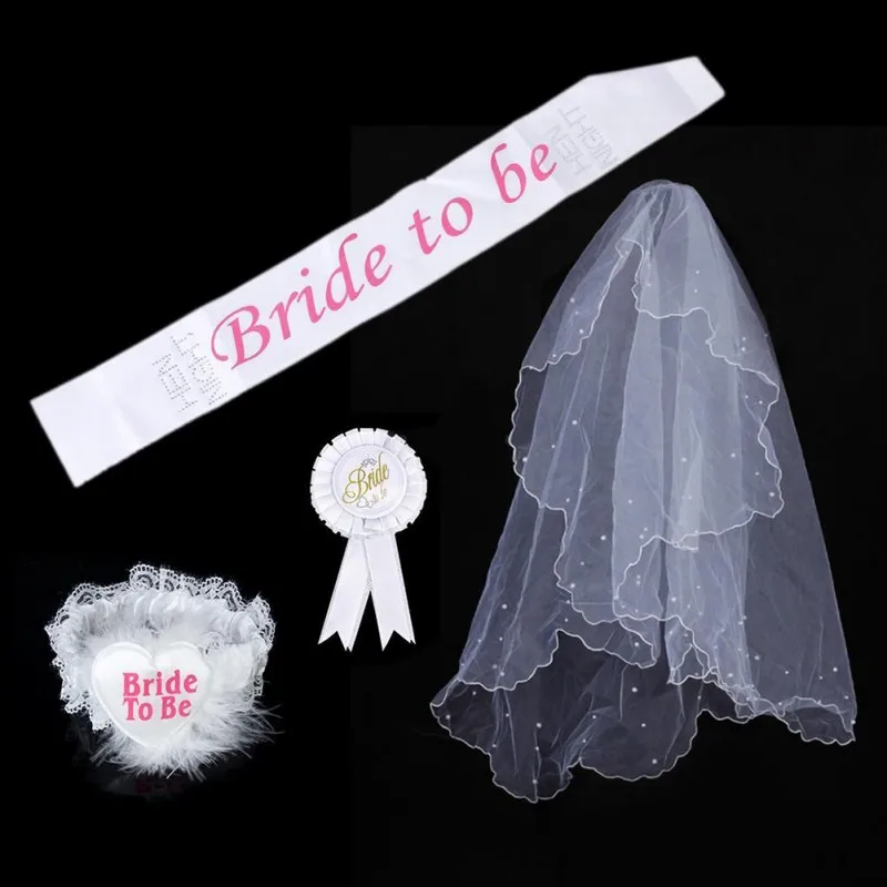 

2018 4 Pieces/Set Bride To Be White Rosette Mantilla Badge Sash Garter Veil Hen Night Party