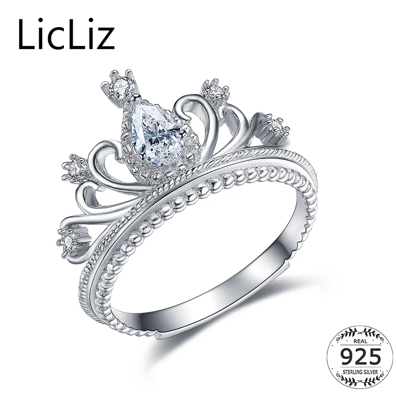 

LicLiz Silver Crown Ring For Women Party Finger Ring Jewelry Sterling Silver Wedding Band Anel Princess CZ Zircon Ring LR0337