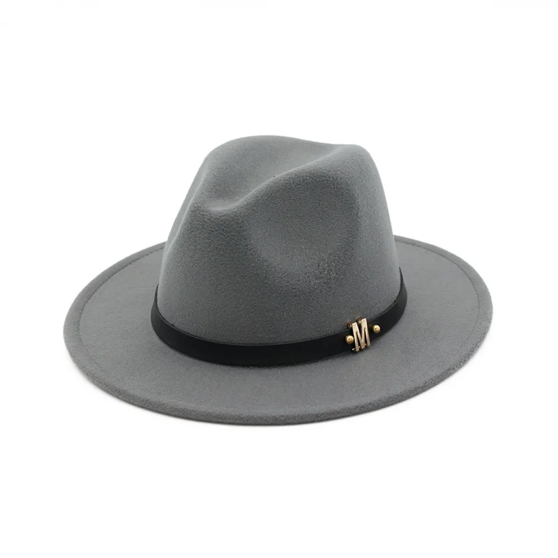 QIUBOSS, мужская и женская шерстяная фетровая шляпа с широкими полями, джазовая фетровая шляпа, черная, с буквой М, с кожаным ремешком, украшенная официальная шляпа Trilby QB03